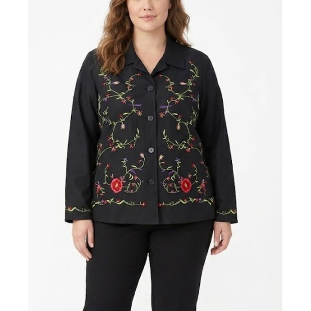 Coldwater Creek Silk Embroidered Jacket 1X Black Floral Button Front Preppy